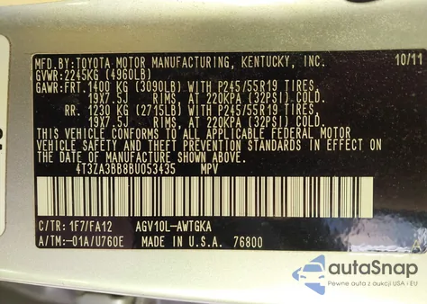 2011 Toyota Venza z USA, uszkodzony, nr VIN 4T3ZA3BB8BU053435